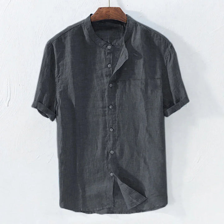 Short sleeve charcoal gray linen shirt with mandarin collar on wooden hanger