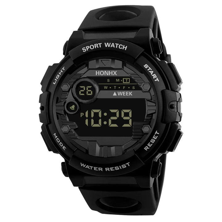 Black HONHX digital sport watch with rubber strap, water resistant, displays time, date, and week