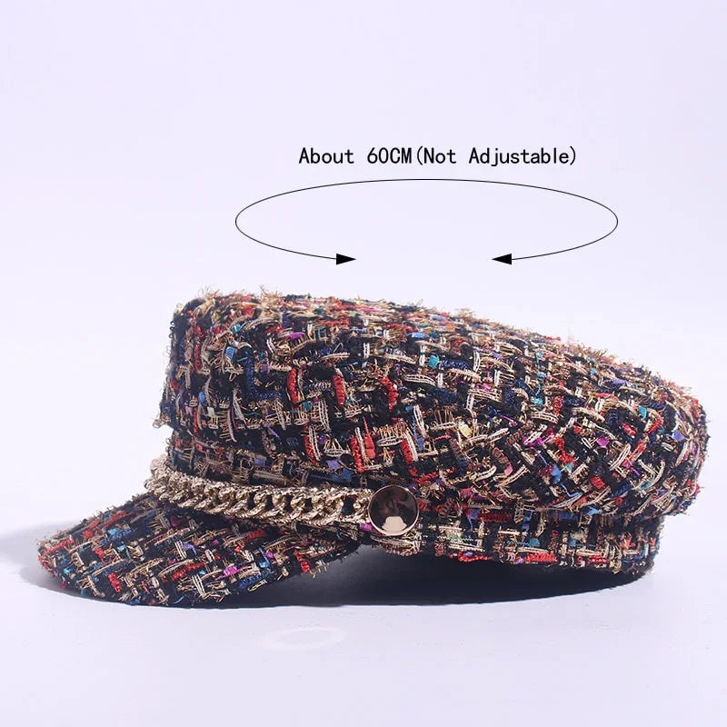 Multicolor tweed fabric newsboy cap with gold chain detail, 60cm circumference, non-adjustable