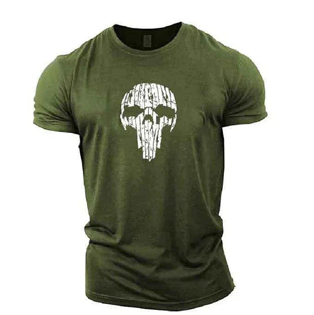 Olive green t-shirt with a distressed white skull emblem on chest, casual men's apparel
