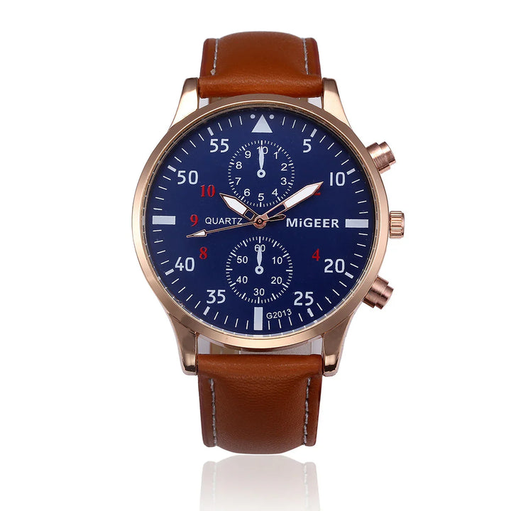 Men's MiGEER quartz wristwatch with blue dial, rose gold case, and brown leather strap