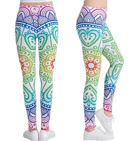 Women wearing colorful mandala pattern leggings with white sneakers, front and side views