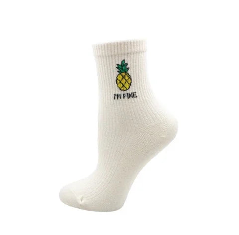 White ribbed ankle sock with embroidered yellow pineapple and text I'm Fine