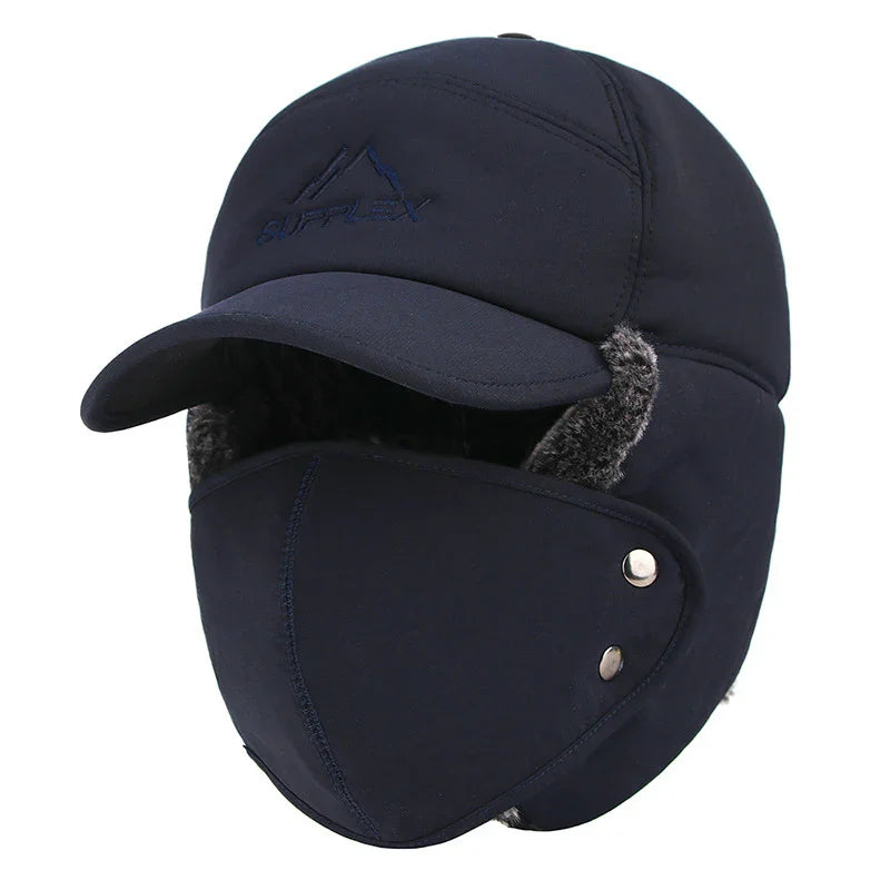navy blue winter hat with ear flaps and detachable face mask, faux fur lining
