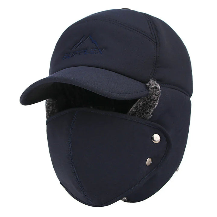 navy blue winter hat with ear flaps and detachable face mask, faux fur lining
