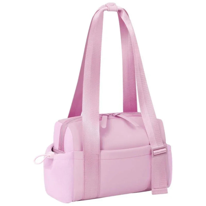 Small pink insulated lunch bag with zipper closure and dual shoulder straps