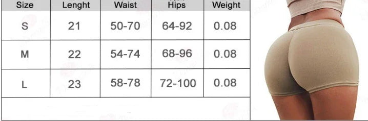 Size chart for shorts with length, waist, hips, weight and image of woman wearing beige shorts