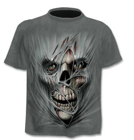 grey t-shirt with graphic design of skull and eyes tearing through fabric