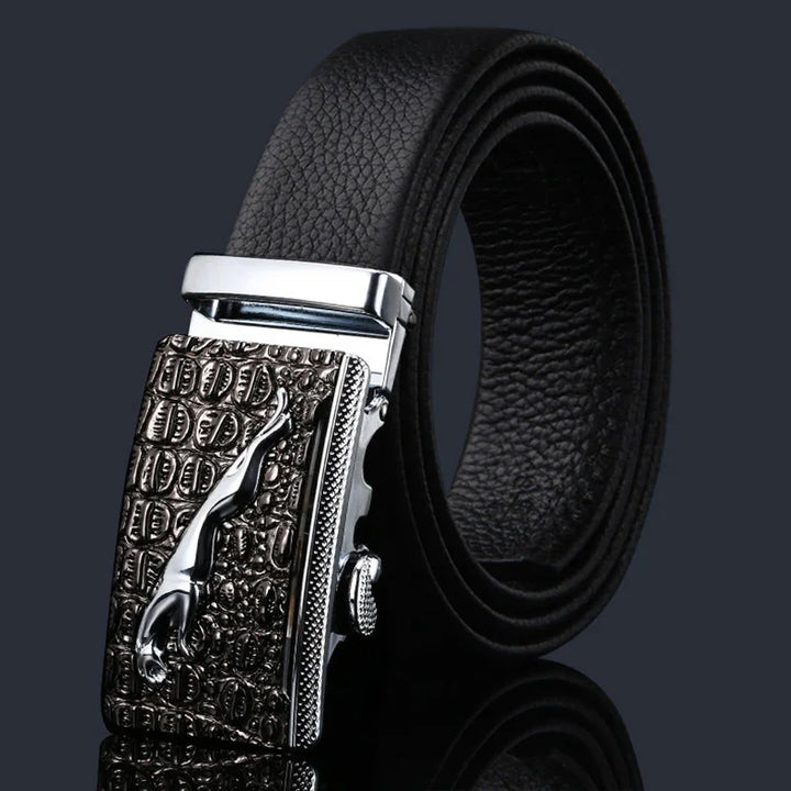 Elegant black leather belt with textured silver buckle featuring a sleek jaguar design