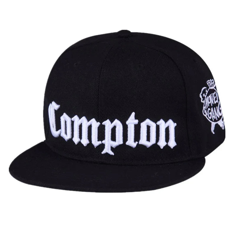 Black snapback hat with white embroidered Compton text and Money Gang logo on side