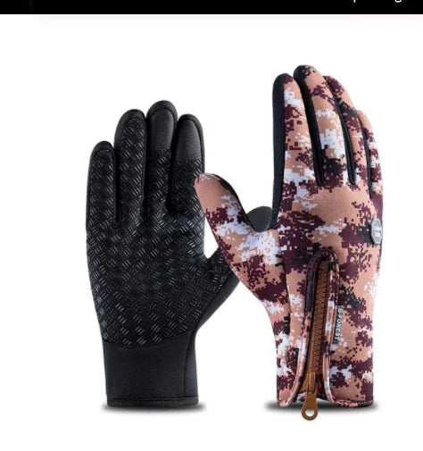 Pair of digital camo outdoor gloves with zippered wrist and black textured grip palm