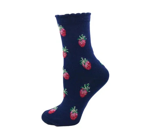 Navy blue ankle sock with red strawberry pattern and scalloped cuff detail