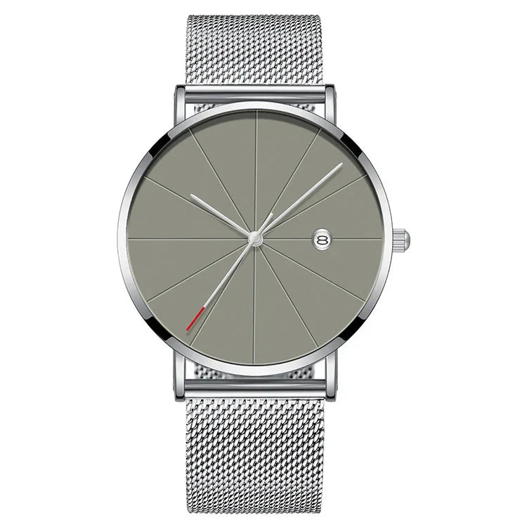 Modern silver mesh band watch with minimalist gray dial and date window at 3 o'clock