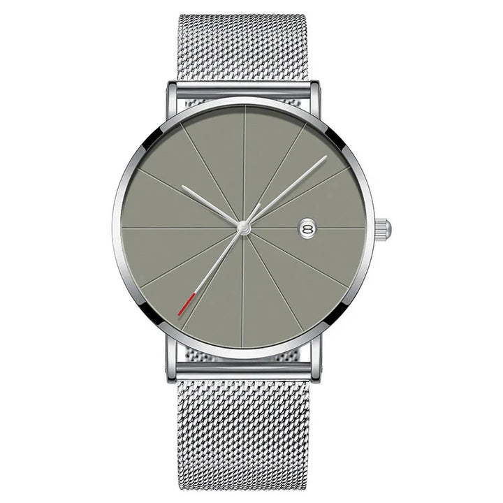Modern silver mesh band watch with minimalist gray dial and date window at 3 o'clock