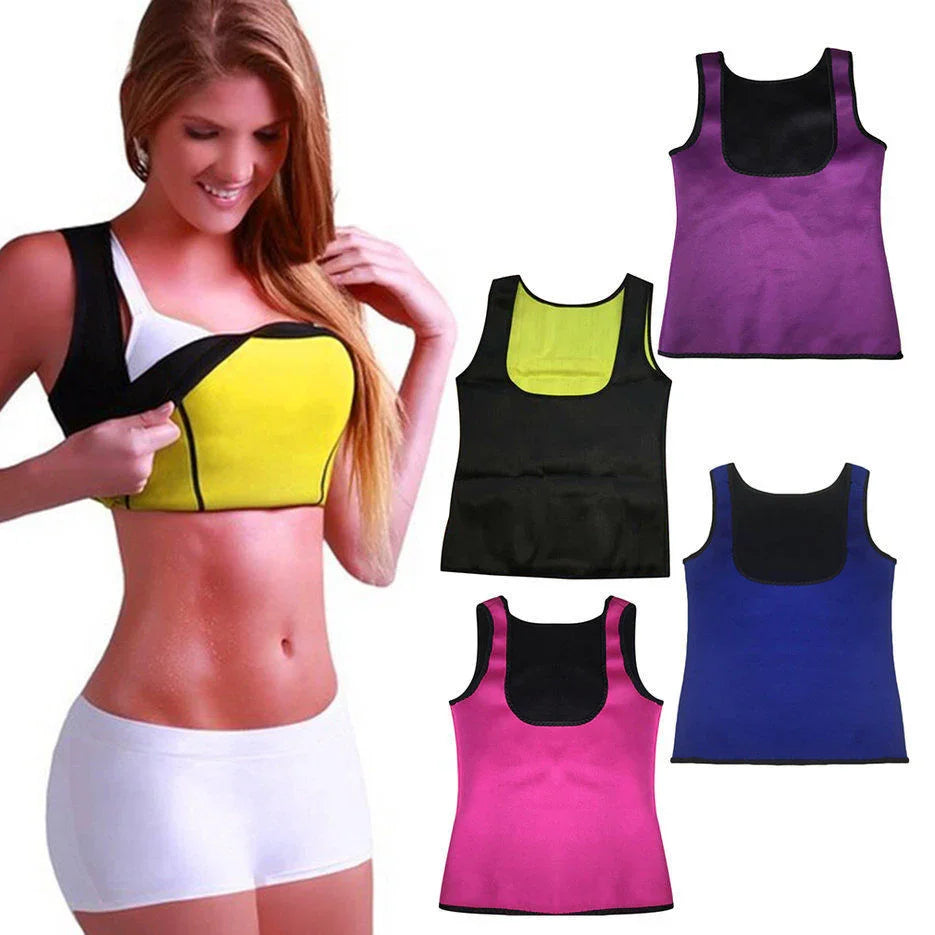 Woman wearing yellow neoprene sauna vest, four slimming tank tops in various colors shown.