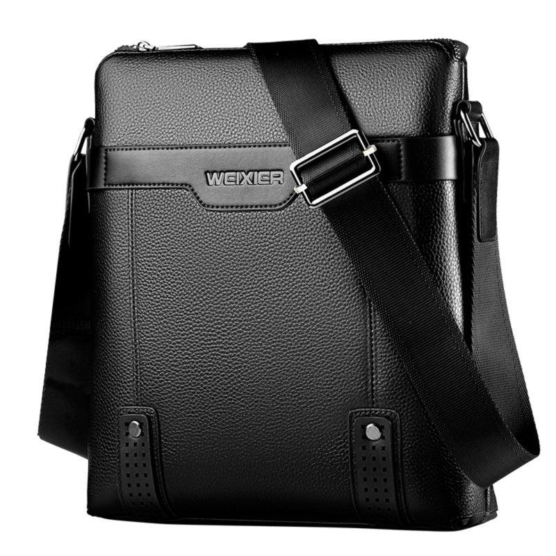 Black leather men's crossbody bag with adjustable strap and silver buckle, branded WEIXIER