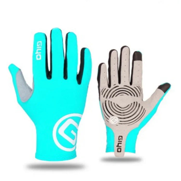 Pair of aqua blue and gray cycling gloves with black grip patterns and Giyo branding