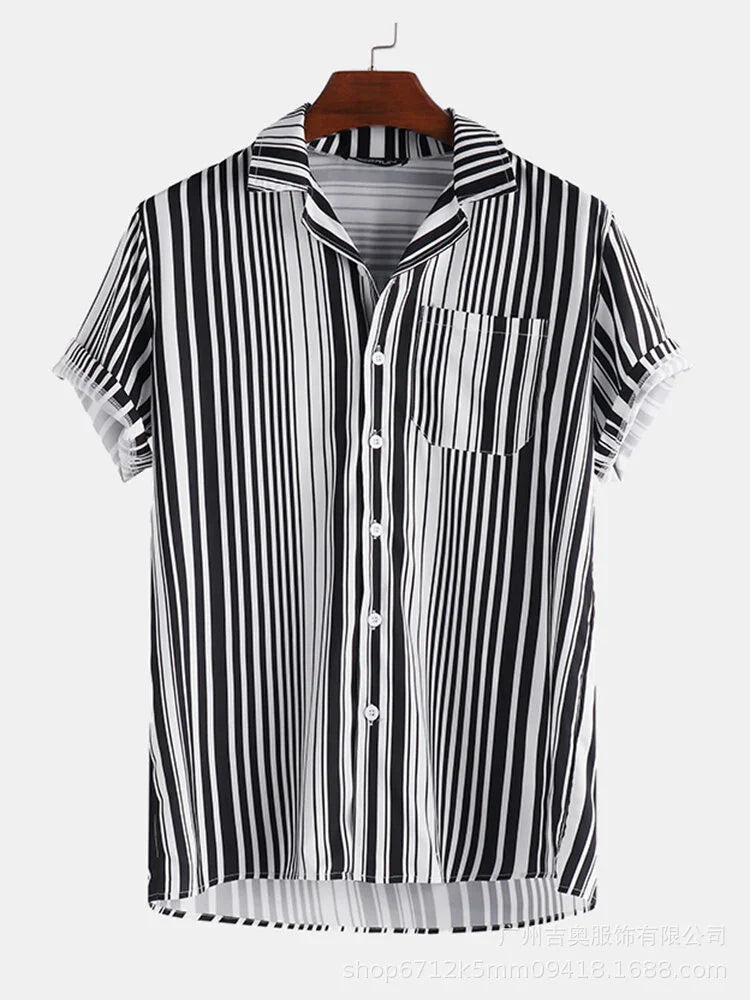 Black and white vertical striped short-sleeve button-up shirt with collar and chest pocket