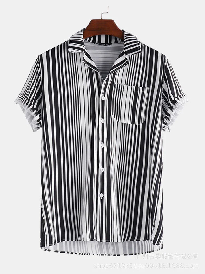 Black and white vertical striped short-sleeve button-up shirt with collar and chest pocket