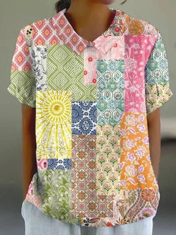 Women's short sleeve patchwork shirt with colorful geometric and floral patterns