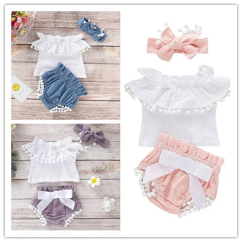 Baby girls summer outfits with ruffled white tops, pom-pom trims, bloomers in blue, purple, pink, and matching headbands