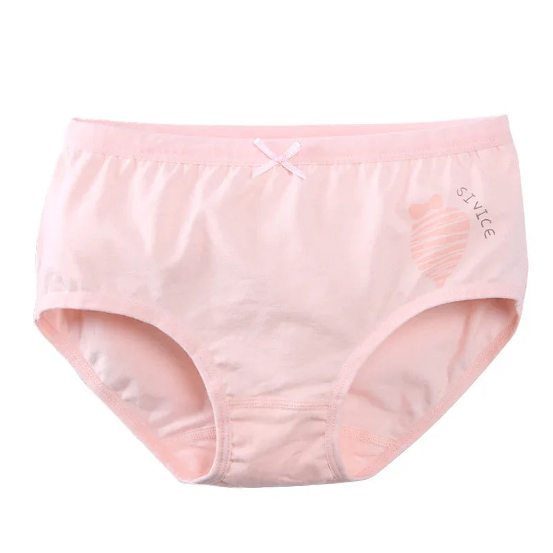 Light pink cotton women's underwear with small bow and teddy bear print on white background