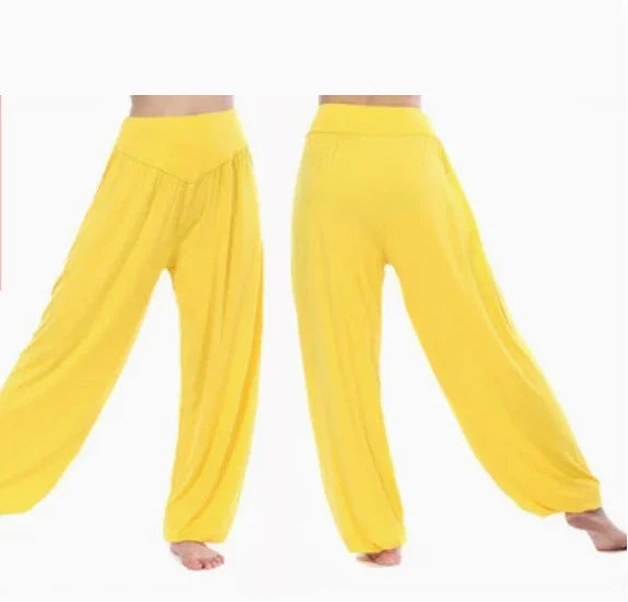 High-waisted bright yellow loose fit yoga pants with wide legs and soft fabric shown front and back