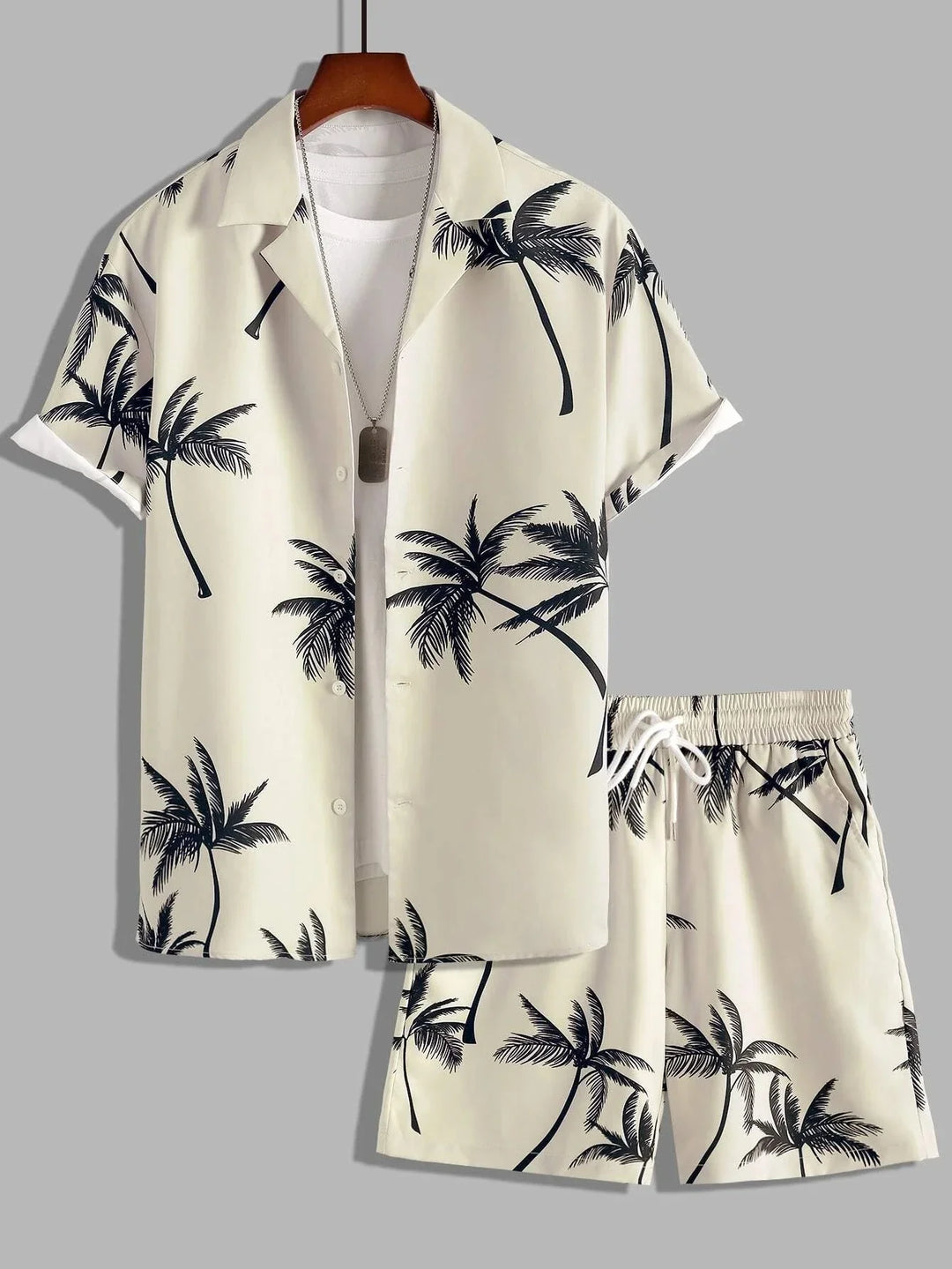 Beige tropical palm tree print short sleeve shirt and matching shorts summer outfit
