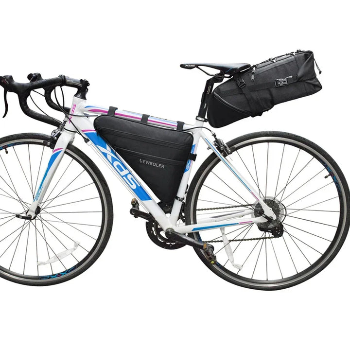 Road bike with black triangle frame bag and saddle bag, ideal for cycling storage