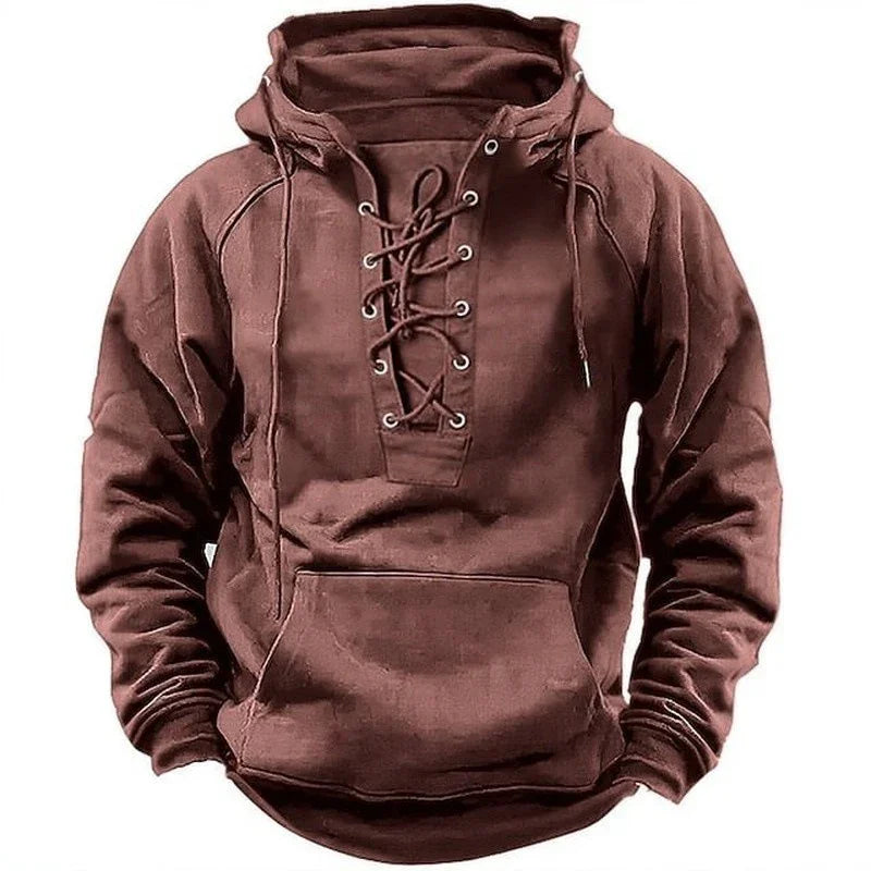 brown hooded sweatshirt with lace-up front and kangaroo pocket