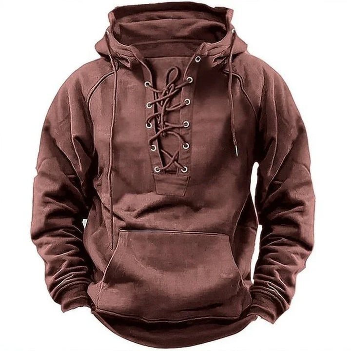 brown hooded sweatshirt with lace-up front and kangaroo pocket