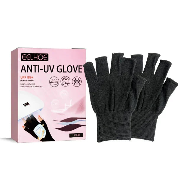 EELHOE black anti-UV gloves with UPF 99+ protection next to pink packaging box for manicure skin care