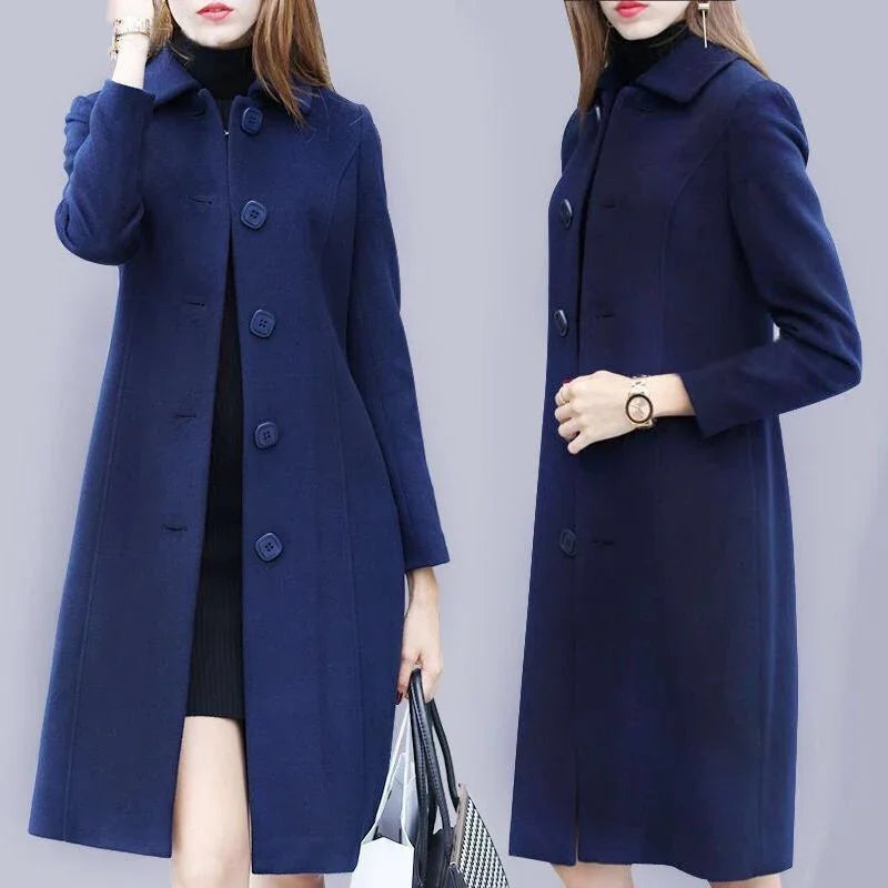 Women wearing navy blue buttoned long wool coats with collars, styled with black dress and handbag