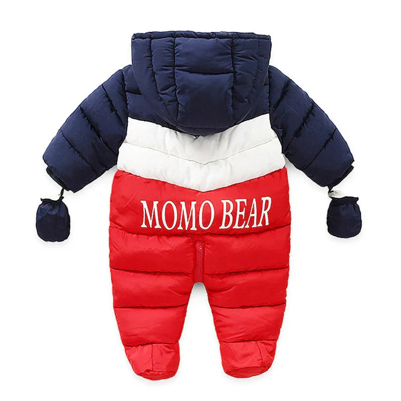 MOMO BEAR baby winter puffer snowsuit in navy, white, and red with hood and mittens