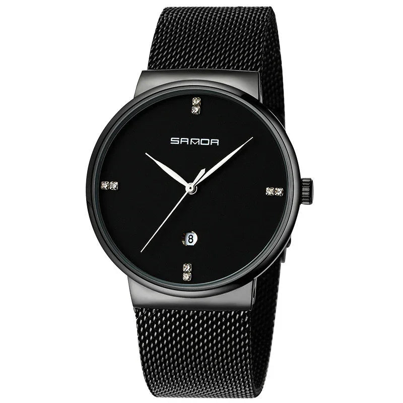 Black Sanda wristwatch with mesh band, minimalist dial, date window, and crystal hour markers