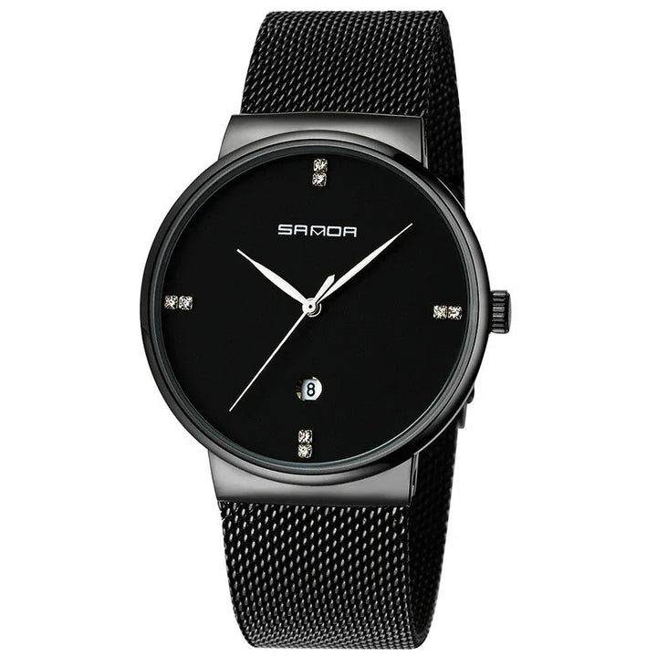 Black Sanda wristwatch with mesh band, minimalist dial, date window, and crystal hour markers
