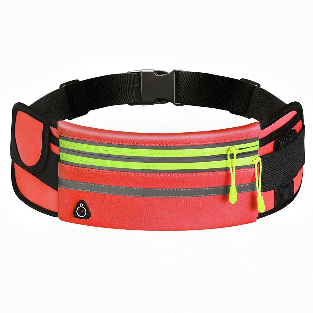 Red running waist belt with neon green zippers, reflective stripes, and black adjustable strap