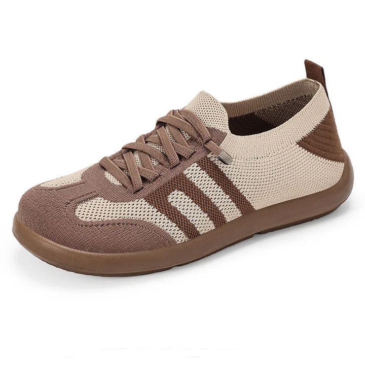 lightweight brown and beige knit sneaker with lace-up design and flexible sole