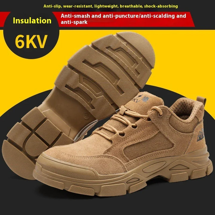 brown lightweight anti-smash work shoes with thick anti-slip sole and 6KV insulation