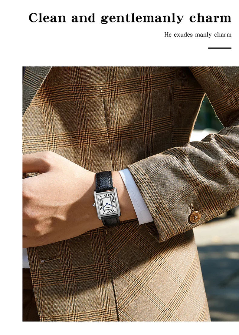 Close-up of a man wearing a brown plaid suit and a rectangular silver wristwatch with black leather strap