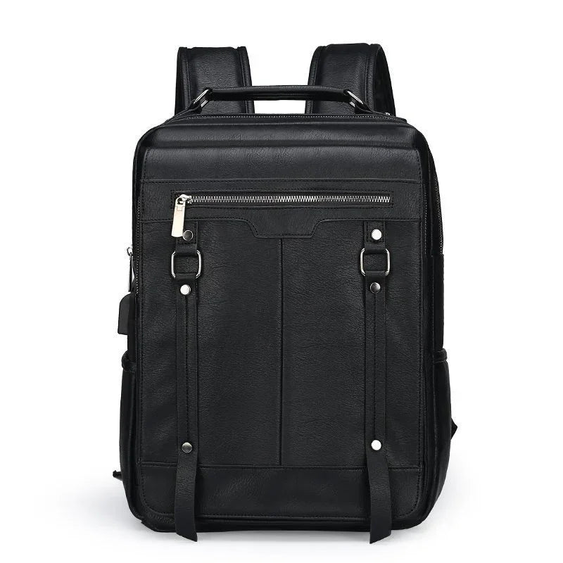 Black leather backpack with front zipper pocket, adjustable straps, and modern design