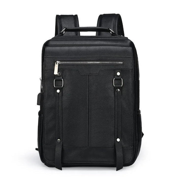 Black leather backpack with front zipper pocket, adjustable straps, and modern design