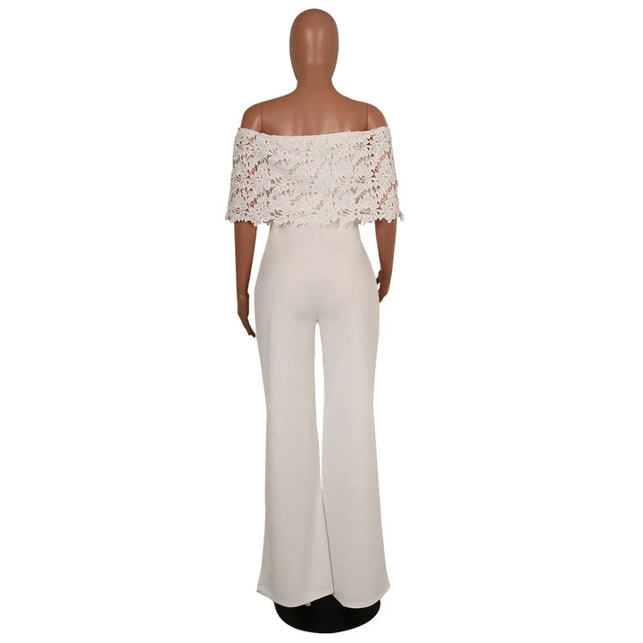 Back view of mannequin wearing white off-shoulder lace crop top and high-waisted wide-leg pants