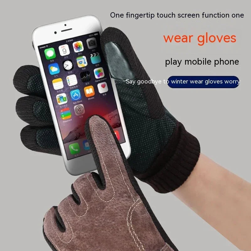 Hands wearing touchscreen gloves using smartphone, demonstrating one-fingertip touch function for mobile use