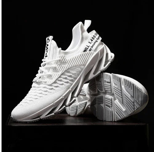 Modern white athletic running shoes with textured upper and unique sole design on black background