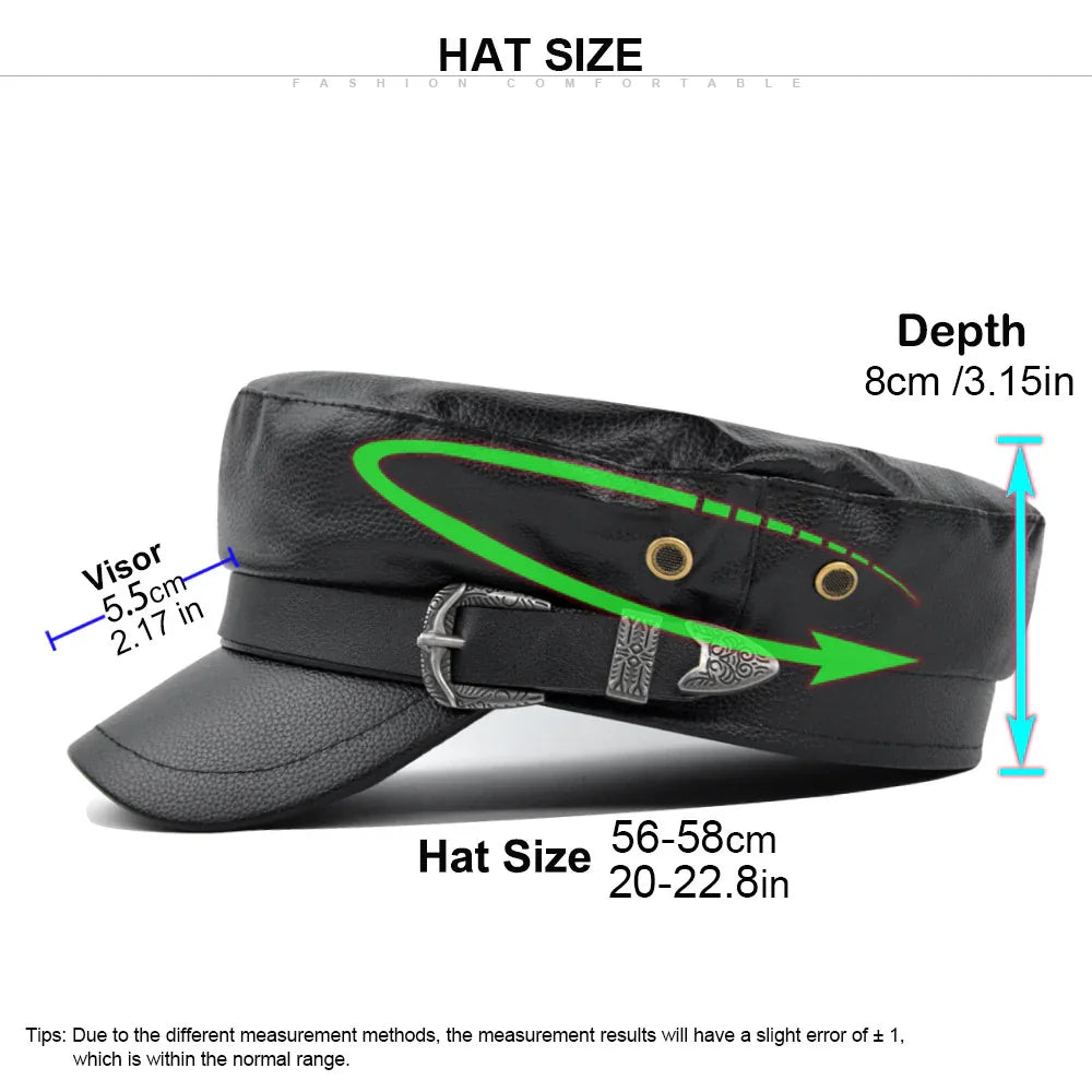 Black leather hat with silver buckle, visor 5.5cm, depth 8cm, size 56-58cm adjustable