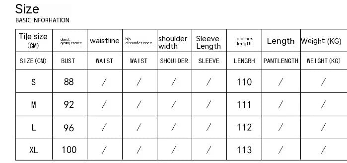 Clothing size chart showing bust and length measurements for sizes S, M, L, XL in centimeters