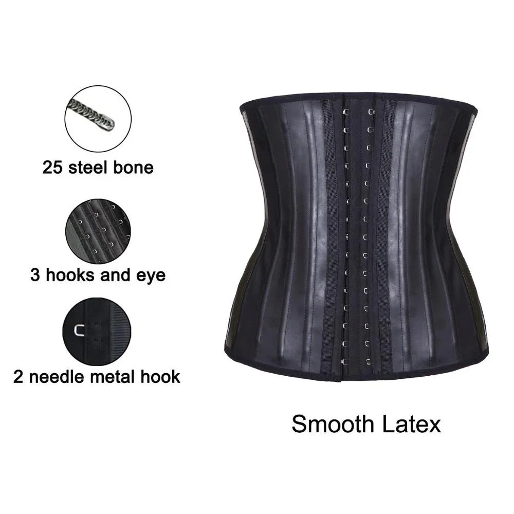 Black smooth latex waist trainer corset with 25 steel bones and 3 hooks and eye closures