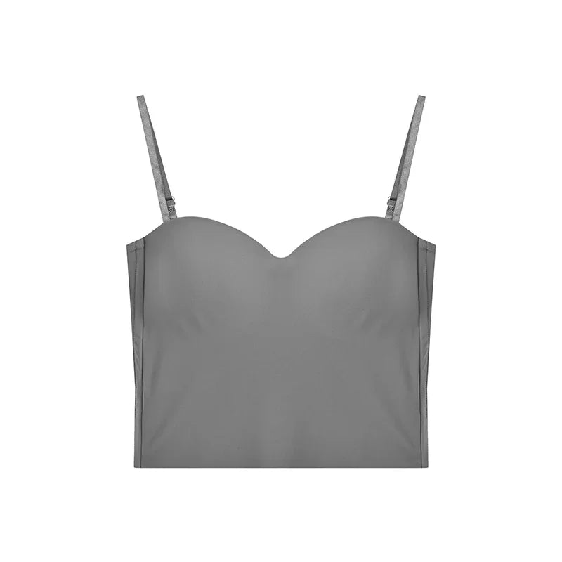 Gray women's seamless bustier crop top with adjustable thin straps on white background