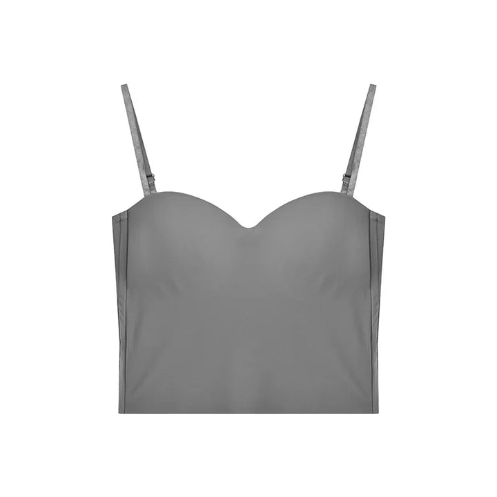 Gray women's seamless bustier crop top with adjustable thin straps on white background